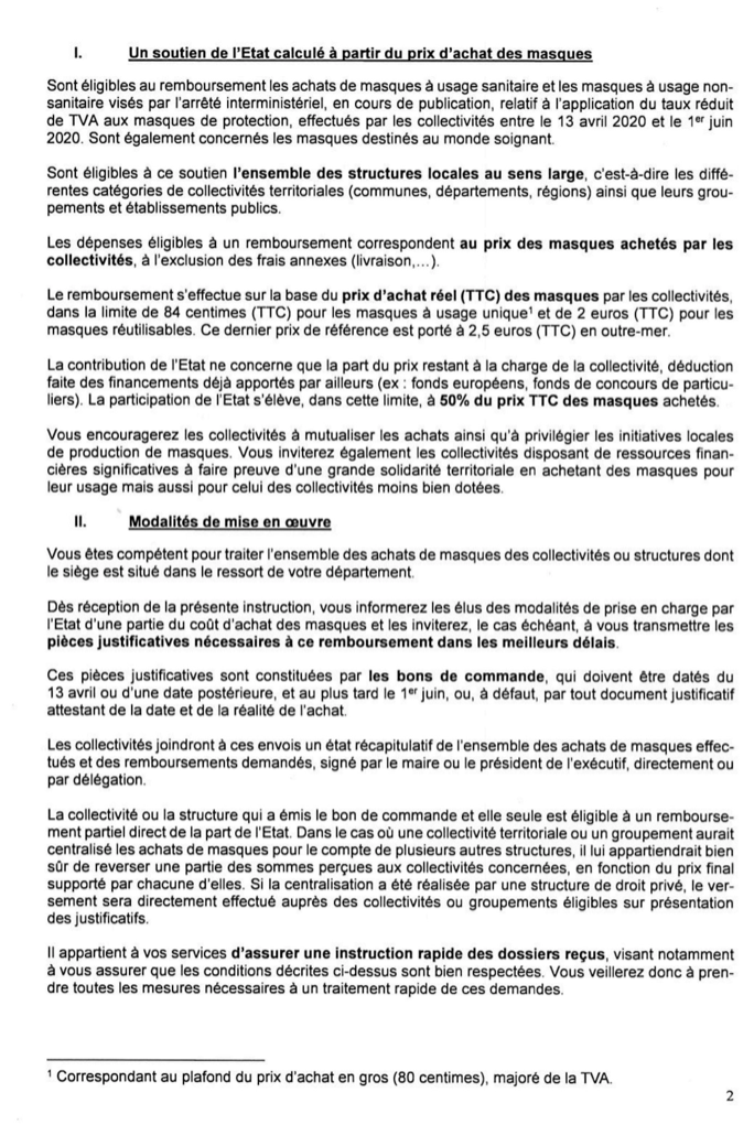 Circulaire Prise en charge de l'Etat pour l'achat de masques