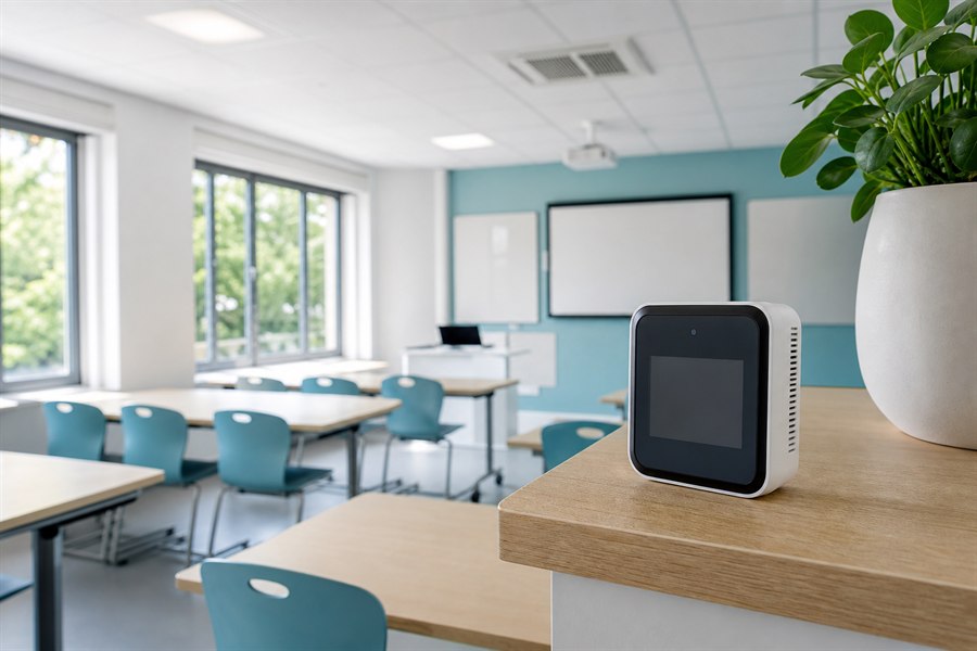 Capteur CO2 installé dans une salle de classe lumineuse